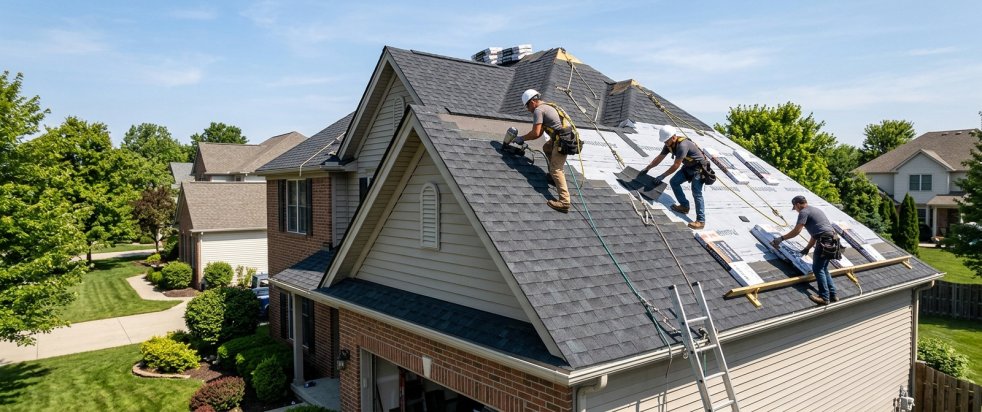 Roofers installing shingles on a residential house roof in a suburban neighborhood