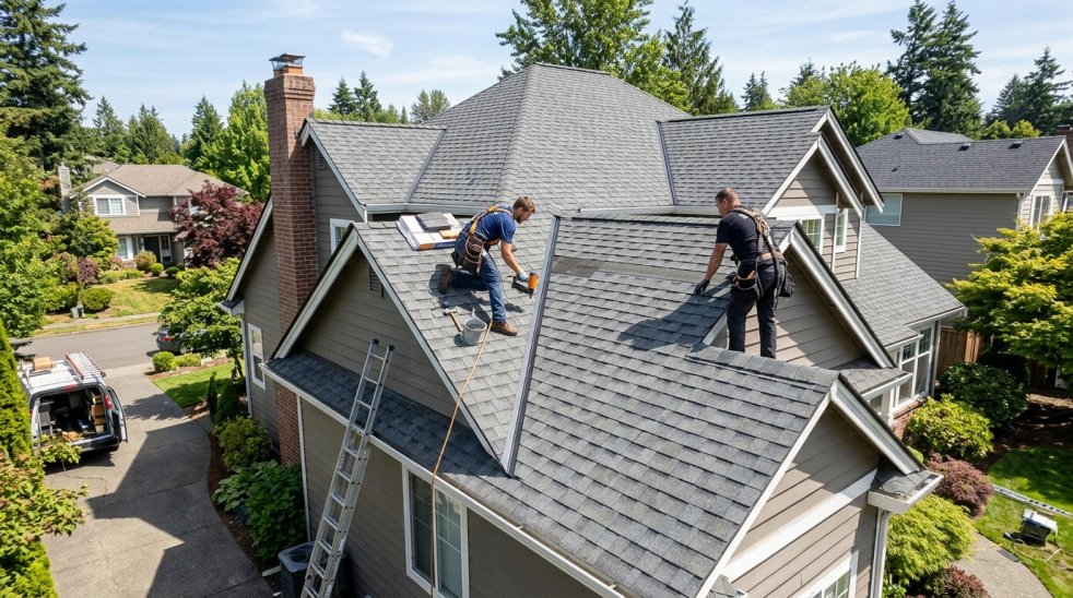 Roofers repairing asphalt shingle roof on suburban house with ladders and tools on a sunny day