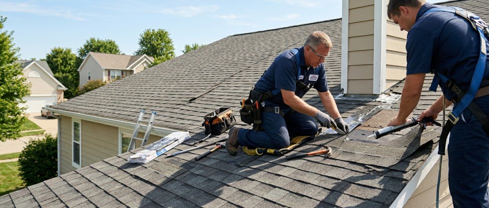 Roofers repairing a leaking shingle roof near a chimney on a suburban home with tools and safety harnesses