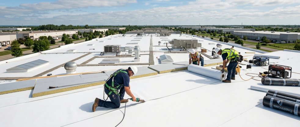 Roofing crew installing white membrane roofing on a large commercial warehouse roof with tools and materials onsite